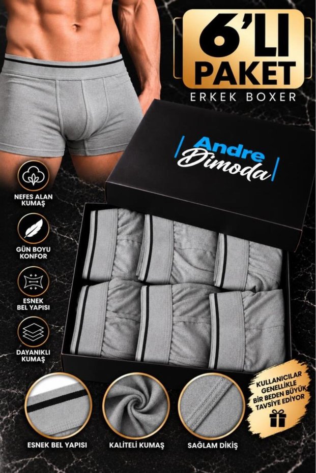 Men's Cotton Boxer 6-Piece Pack Comfortable Fit in Special Box Gray