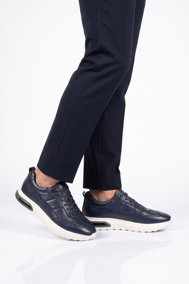 Rubber Sole Lace-Up Sneaker Navy Blue Genuine Leather Men's Casual Shoes Hz1774-0337