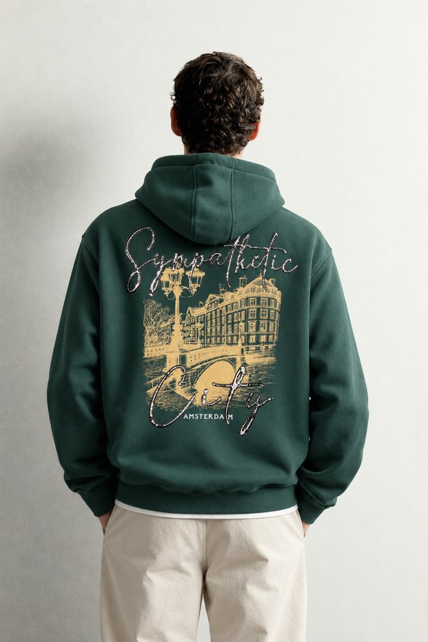 Men's Kangaroo Pocket Amsterdam Printed Embossed Hooded Oversize Sweatshirt