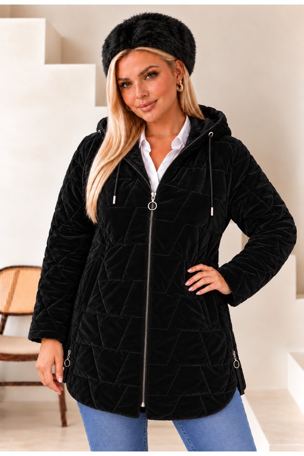 Women's Large Size Hooded Lined Winter Thick Puffer Coat with Side Zipper Detail and Pockets 29012