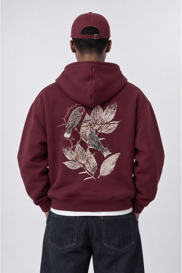 Men's Botanical Patch Detailed Oversize Hoodie Claret Red