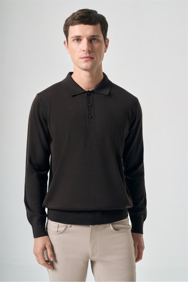 Brown Polo Collar Knitted Comfort Fit Wool Knitwear 1012265207
