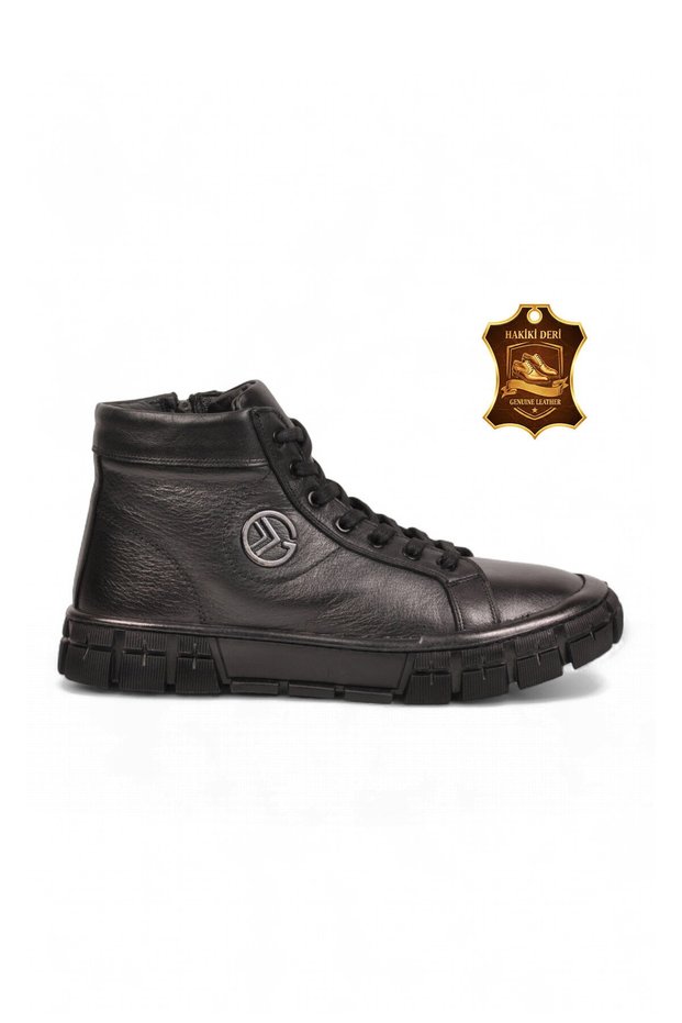 Rubber Sole Lace-Up Zippered Black Genuine Leather Men's Boots 5K2679-7160