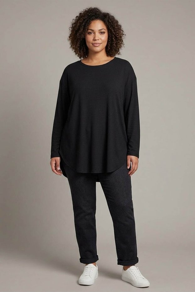Trend42Plus Large Size Crew Neck Long Sleeve Black Blouse
