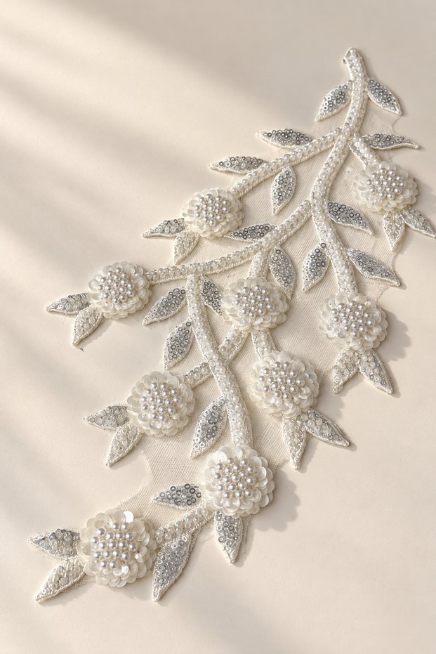 Bead and Sequin Embroidered Floral Branch Pattern Applique