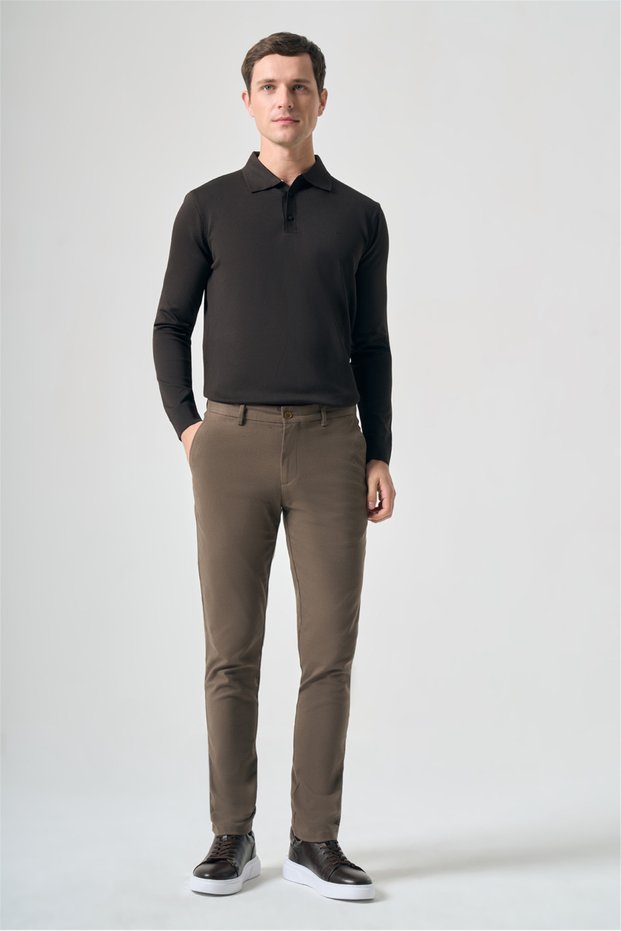 Light Beige Side Pocket Textured Gabardine Slim Fit Cotton Chino Trousers 1003265155