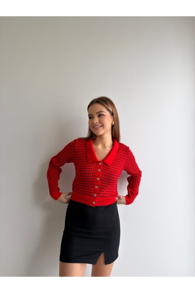 Polo Collar Buttoned Square Patterned Knitwear Cardigan Aw26Hi0059
