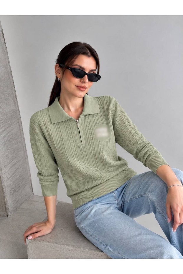Mi Mu Half-Zip Khaki Knitwear Sweater