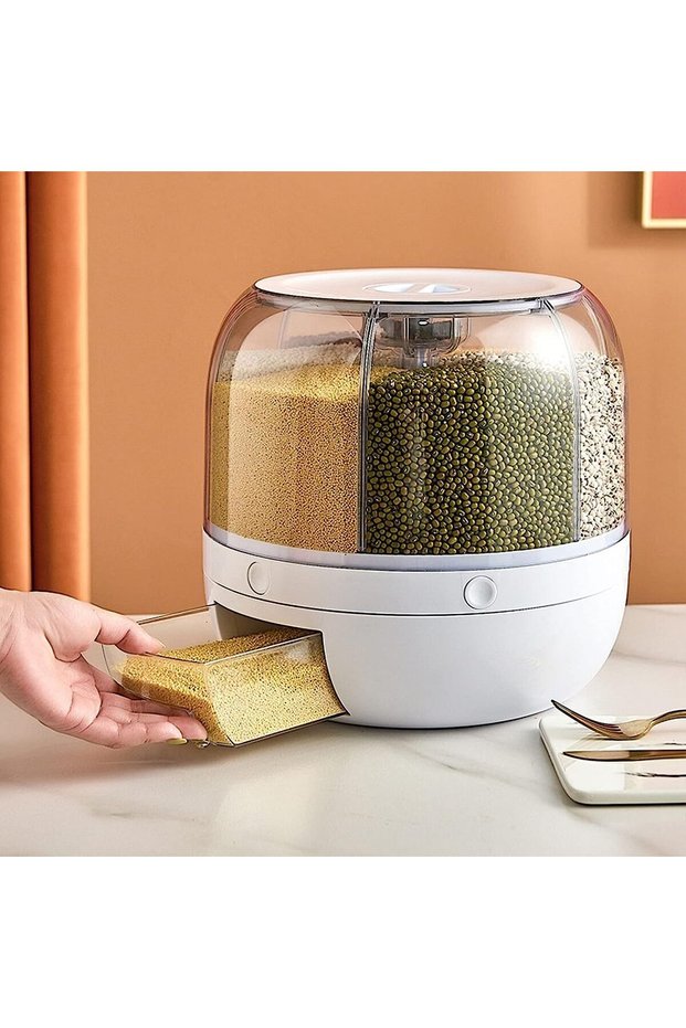 6-Grid 360° Rotating Cereal & Grain Dispenser, Airtight Storage with One-Click Output