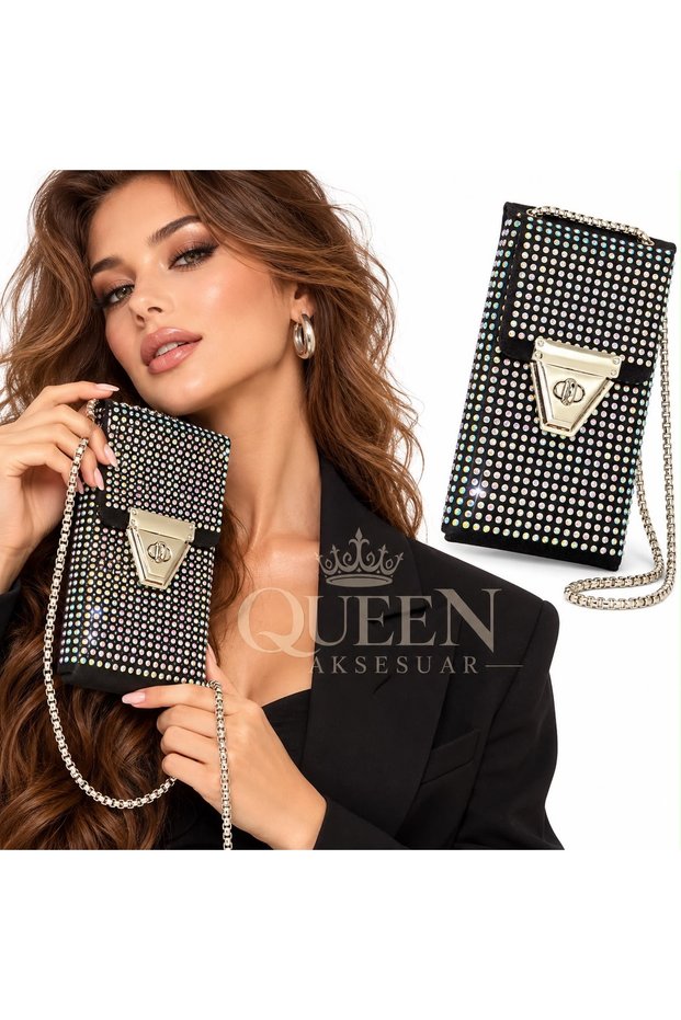 Shiny Hologram Stone Black Zippered Suede Nubuck Fabric Chain Strap Sparkling Evening Dress and Phone Bag