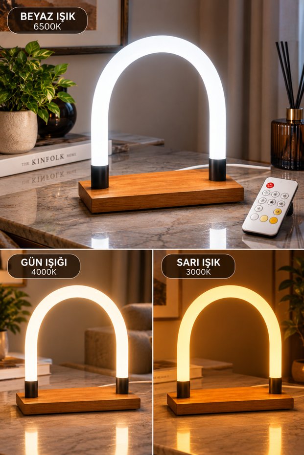Sima Dekor Hortum Led Table Lamp – Modern U Model Decorative Lighting with Remote Control, 3 Color Lights, Wooden Base