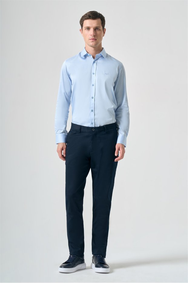 Navy Blue Side Pocket Textured Comfort Fit Cotton Chino Trousers 1003265159