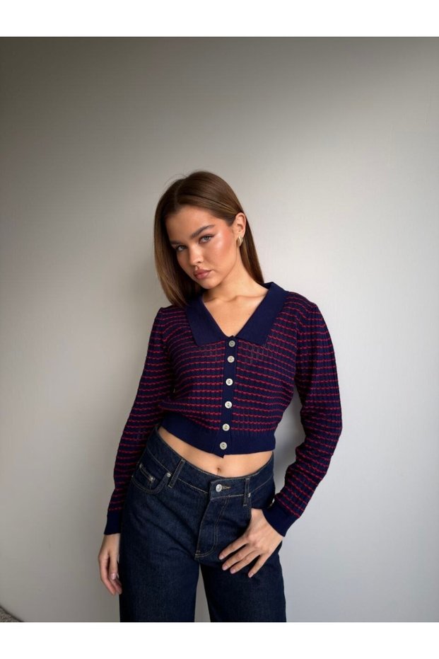 Polo Collar Buttoned Square Patterned Knitwear Cardigan Aw26Hi0059