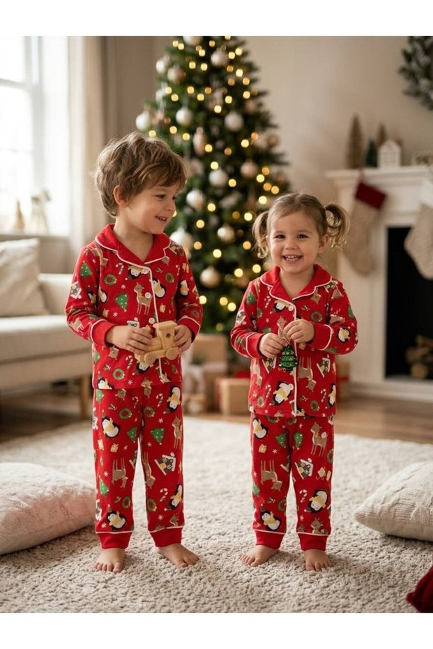 Christmas and New Year Themed Unisex Baby & Kids 100% Cotton Pajama Set
