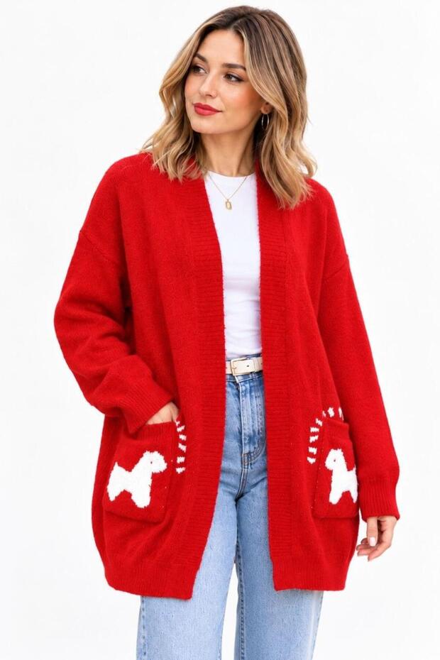 New Season Women's Dog Patterned Oversize Long Knitwear Cardigan with Pockets – Soft Textured, Buttonless, Comfortable Fit