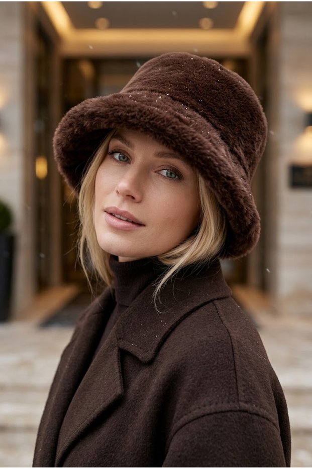 Women's Winter Plush Bucket Hat Soft Furry Hat Brown