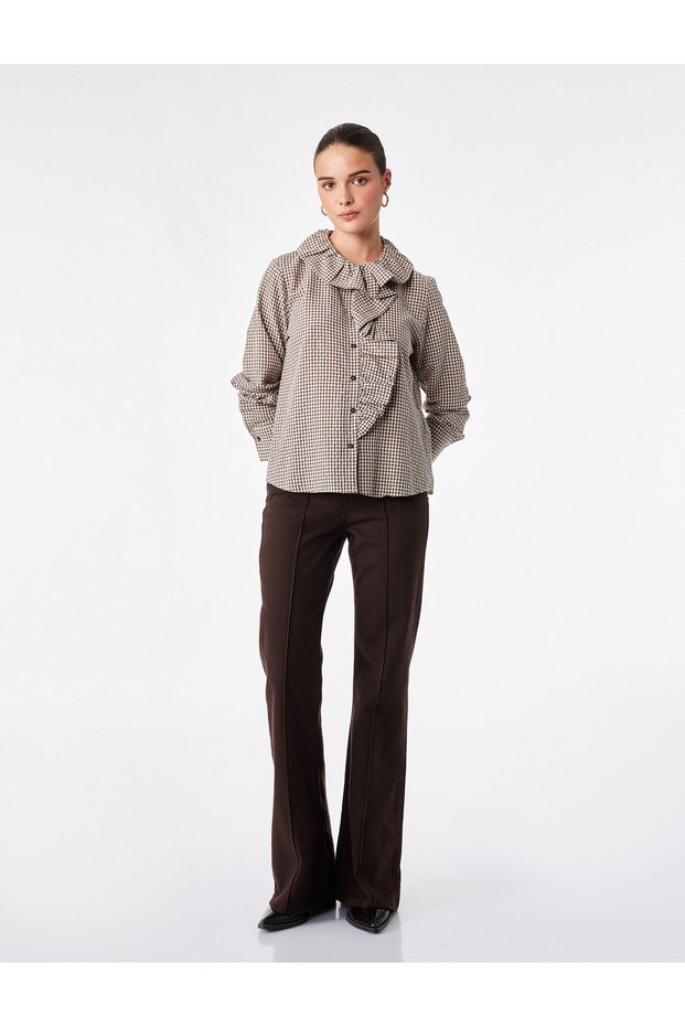 Women Brown Checked Ruffled Collar Long Sleeves Top
