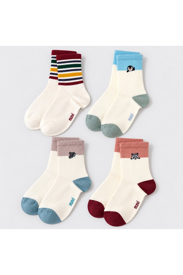 4-Piece Women's Sock Set – Penguin, Koala, Raccoon and Striped Patterns