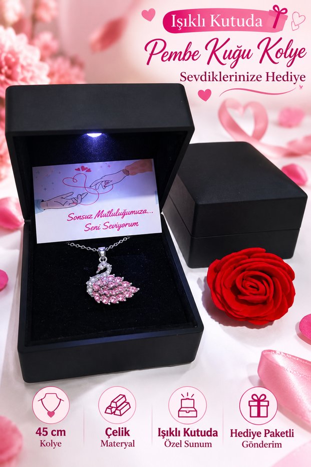 Pink Swan Necklace Steel Women's Necklace in Lighted Box Gift for Lover Girlfriend Birthday Gift Boxed Special Gift Set