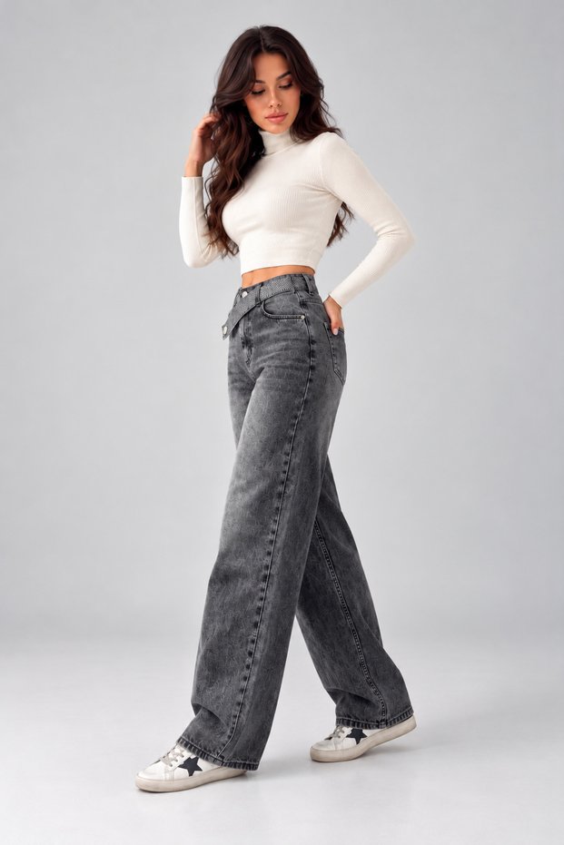 Belted Stone-Detail Embroidered Straight Jeans