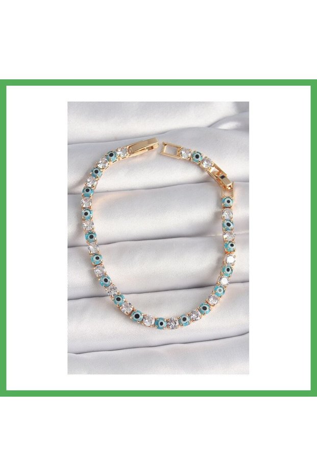 Brass Gold Color Waterway Zircon Stone Evil Eye Beaded Women's Bracelet Bezoss
