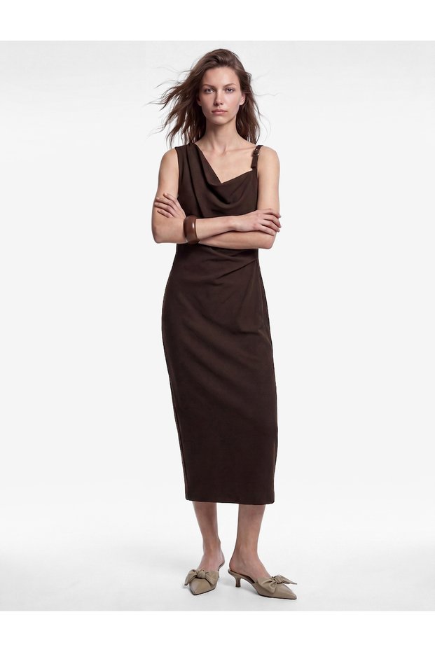Women Brown Plain Cowl Neck Sleeveless Dress