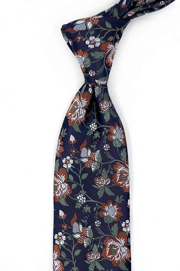 Navy Blue Floral Pattern Classic Tie with Handkerchief Kk14062