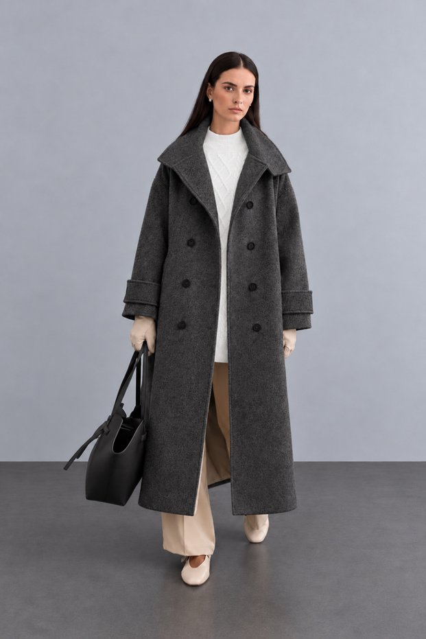 Women's Long Buttoned Stand-Up Collar Trench Coat with Flap Pockets and Side Slits