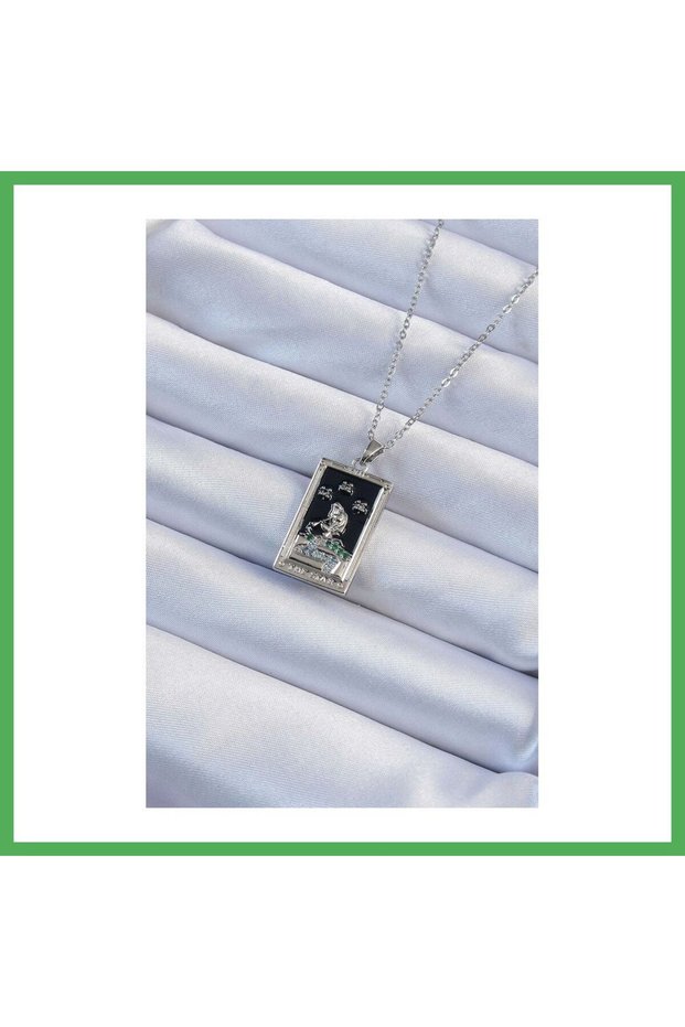 316L Steel Chain Silver Color Zircon Stone Black Enamel Girl Figured Tarot Necklace Bezoss