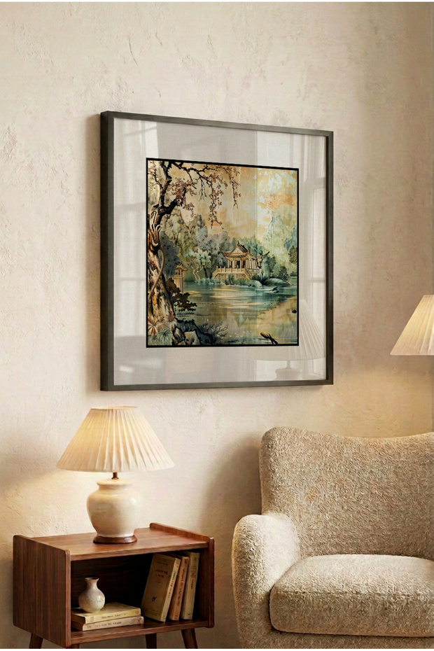 1 Piece Pvc Framed Black Wooden Framed Nostalgic Forest and River View Square Wooden Painting - Home, Business and Office Decoration Painting