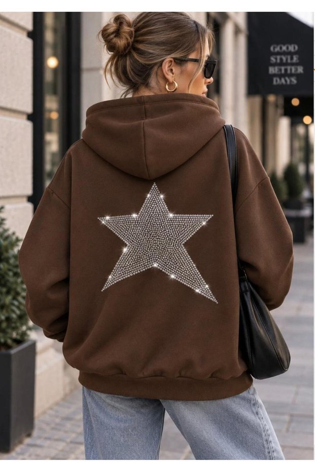 Women's Comet Back Stone Print Detailed Oversize Hooded Sweatshirt with Pockets