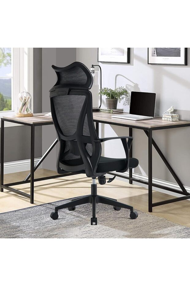 Ergonomic Office Chair with Headrest, High-Back Mesh Computer Desk Chair, Lumbar Support, 360° Swivel, Adjustable Height & Rocking Function, Black Headrest