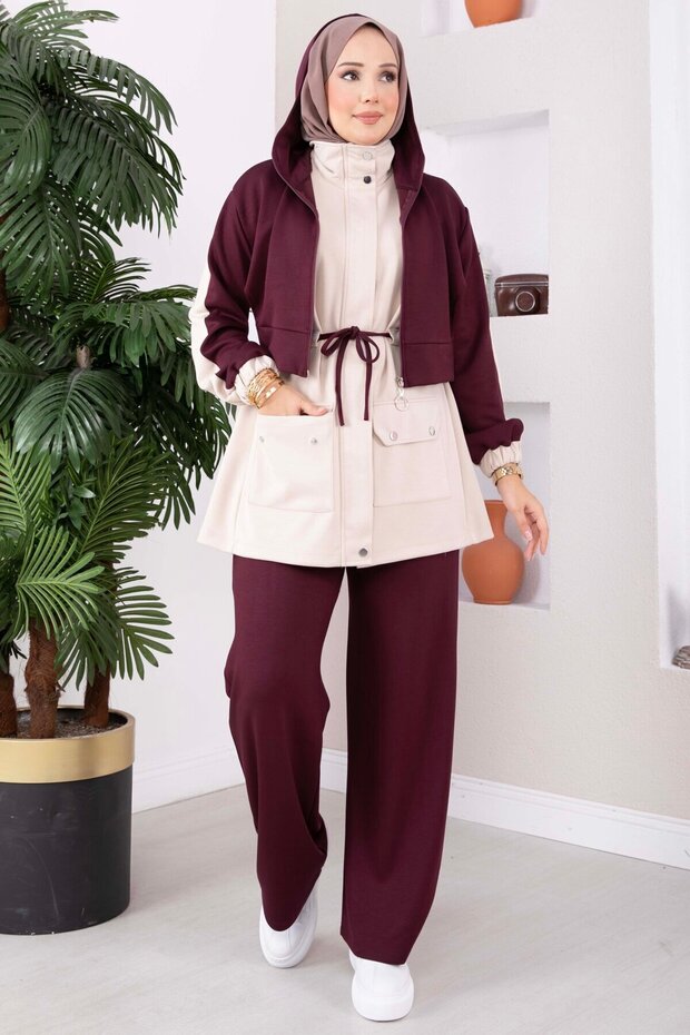 Zippered Garnished Hooded Double Set in Plum