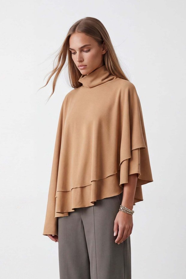 Women's Camel Turtleneck Soft Textured Poncho Look Stylish Blouse Alc-X14645