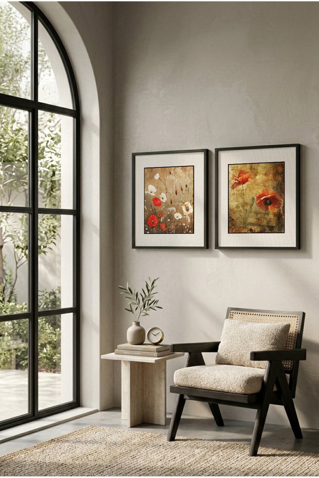 2 Pieces Black Wooden Framed Artistic Red Flowers and Poppy Concept Square Wooden Painting - Home, Business, and Office Decoration Painting