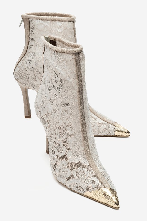 Cliff Ecru Lace Detailed Gold Toe Women's Transparent Heeled Boots