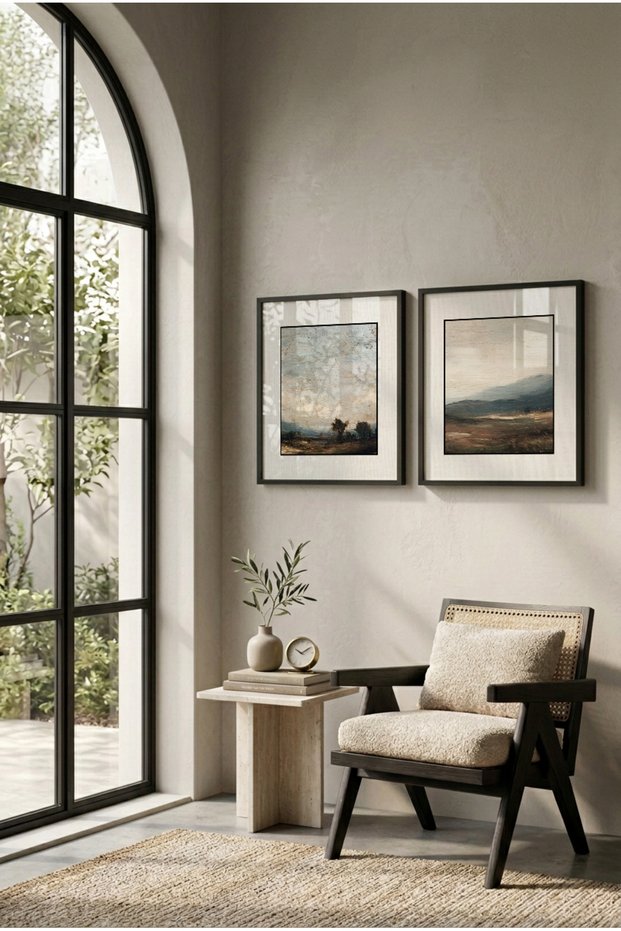 2 Pieces of Double Mountain Themed Square Wooden Painting with Pvc Mats, Black Wooden Frame, Earth and Dark Green Tones - Home, Business and Office Decoration Painting