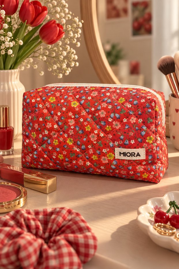 Red Crispy Floral Makeup and Accessory Bag - Travel Organizer