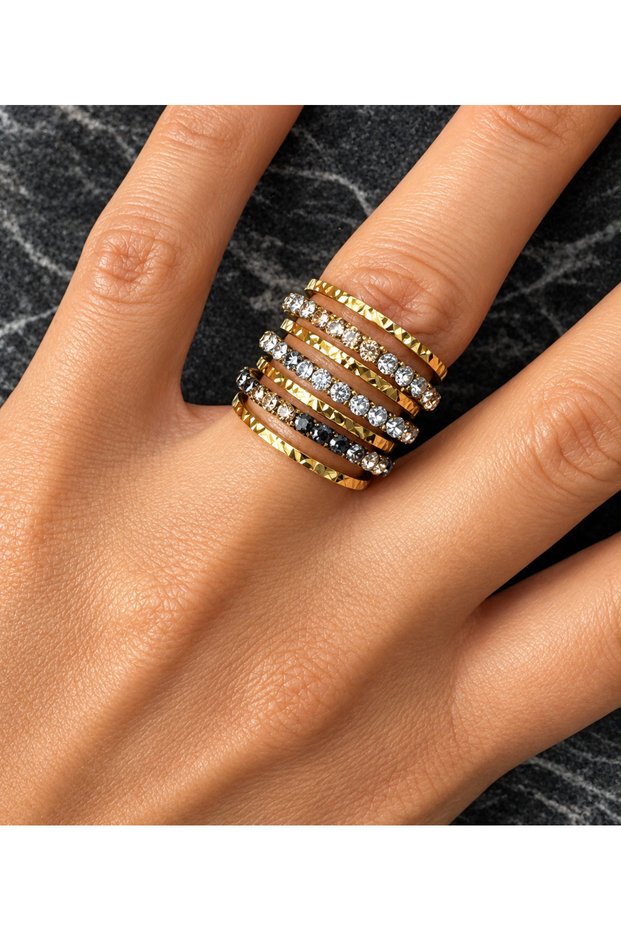 Leopard Pattern Stone Inlaid Ribbed Steel-Brass Ribbed Ring