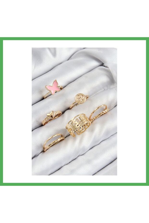 Brass Butterfly and Model Gold Color Women's Ring Combination Set Bezoss