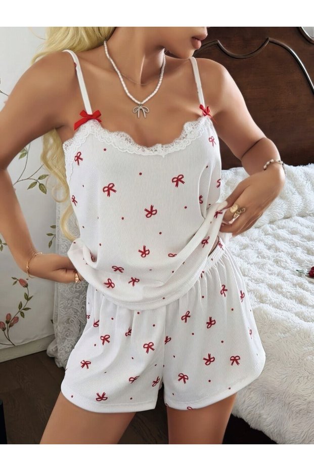 Women's Pajama Set with Shorts - Thin Straps, Ecru