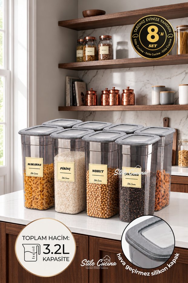 Mega Size 8-Piece Advantageous Silicone Lid Food and Legume Storage Box 3.2 Liter Anthracite