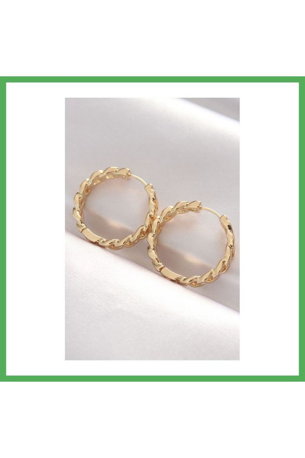 Brass Gold Color Chain Model Hoop Earrings Bezoss