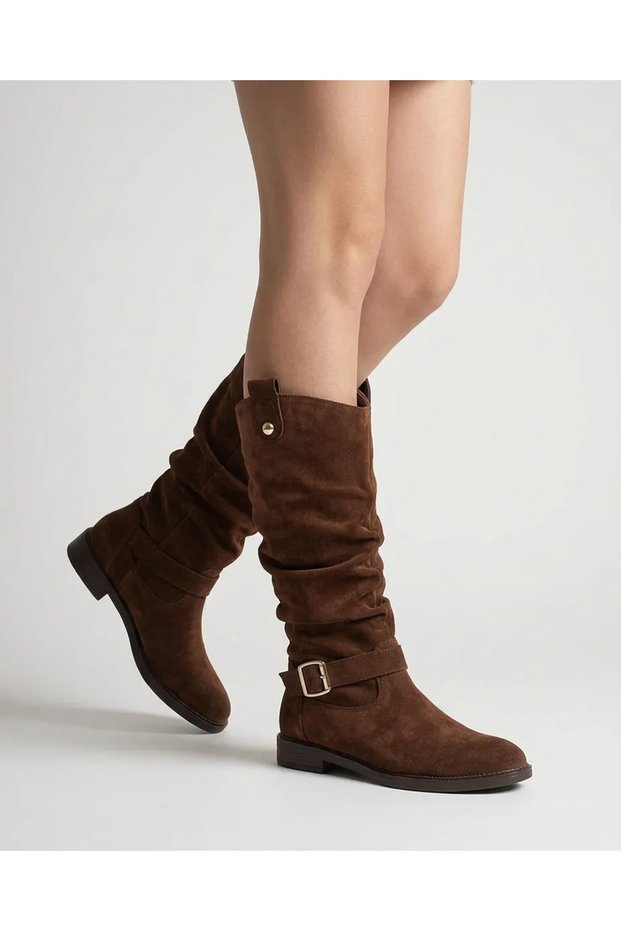 Women's Brown Suede Buckle-Strapped Below-Knee Flat Sole Stylish Daily Boots