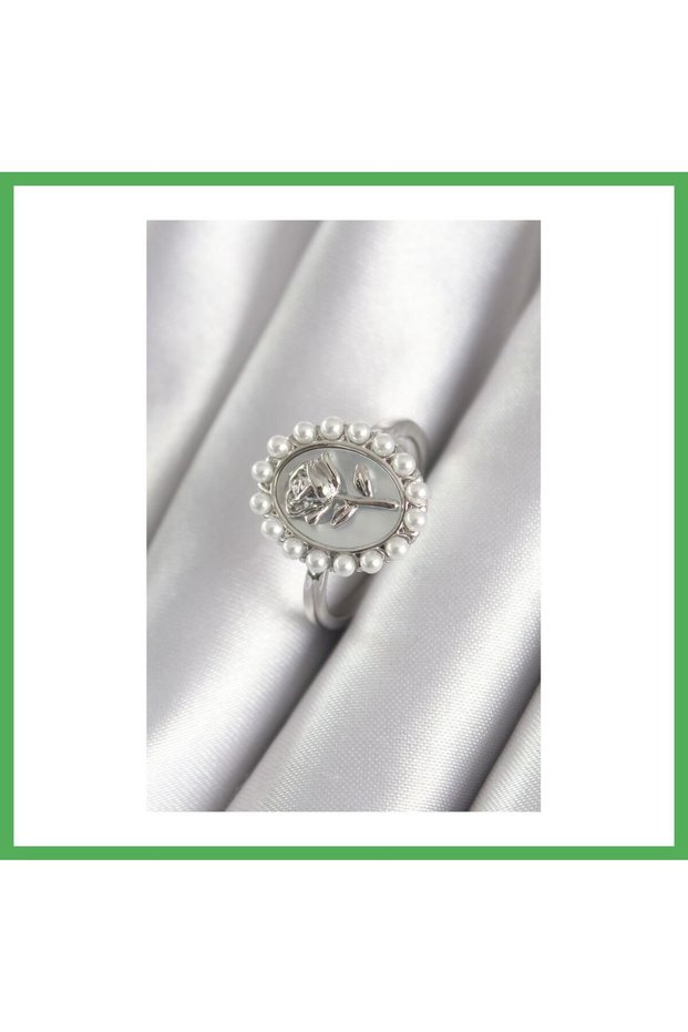 Brass Silver Color Portrait Rose Model Pearl Detail Women's Ring Bezoss