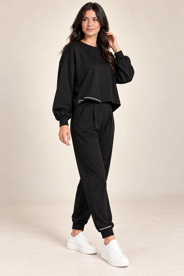 Women's Black Stone Stripe Detailed Oysho Tracksuit Set Hzl26S-Wm573