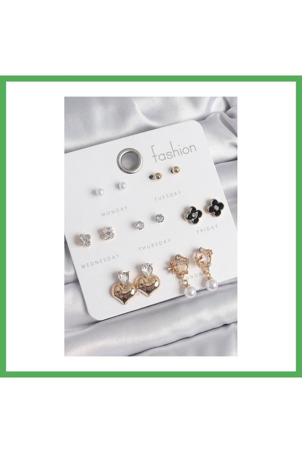 Brass Gold Color Zircon Stone Figure Black Clover Detail 7 Pairs Women's Earrings Bezoss