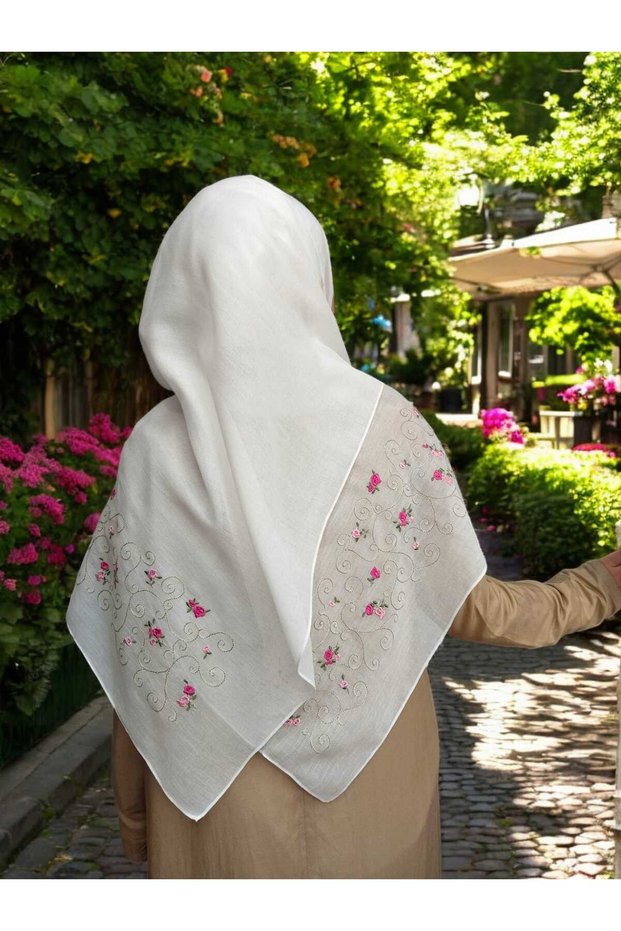 White Cotton Pink Piti Floral Spiral Embroidered Shawl Headscarf