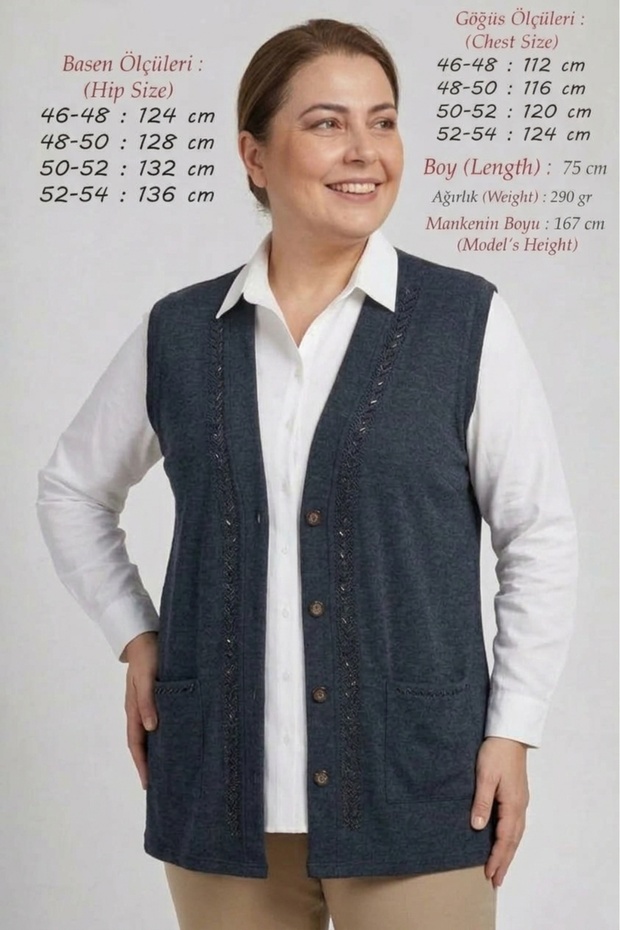 Large Size Comfortable Fit Ecrin Fabric Seasonal Short Mother's Vest 75 Cm. Battal Women's Adhesive Stone Detailed Buttoned