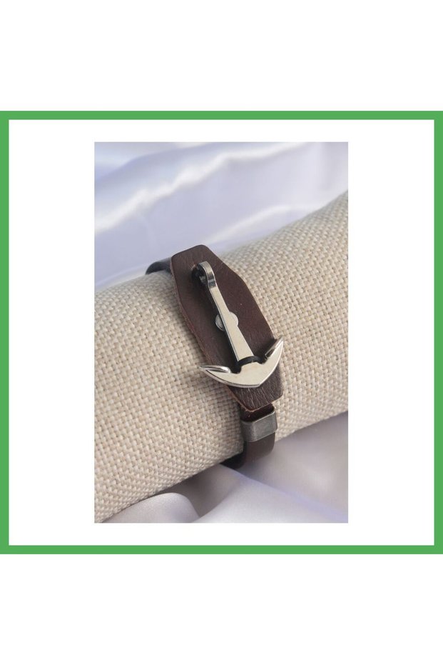 Brown Leather Model Silver Color Anchor Figure Men's Bracelet Bezoss